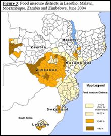 Food insecure districts in Lesotho, Malawi,
Mozambique, Zambia and Zimbabwe, June 2004