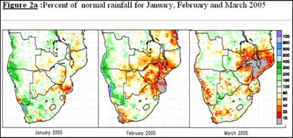 Percent of  normal rainfall for January, February and March 2005